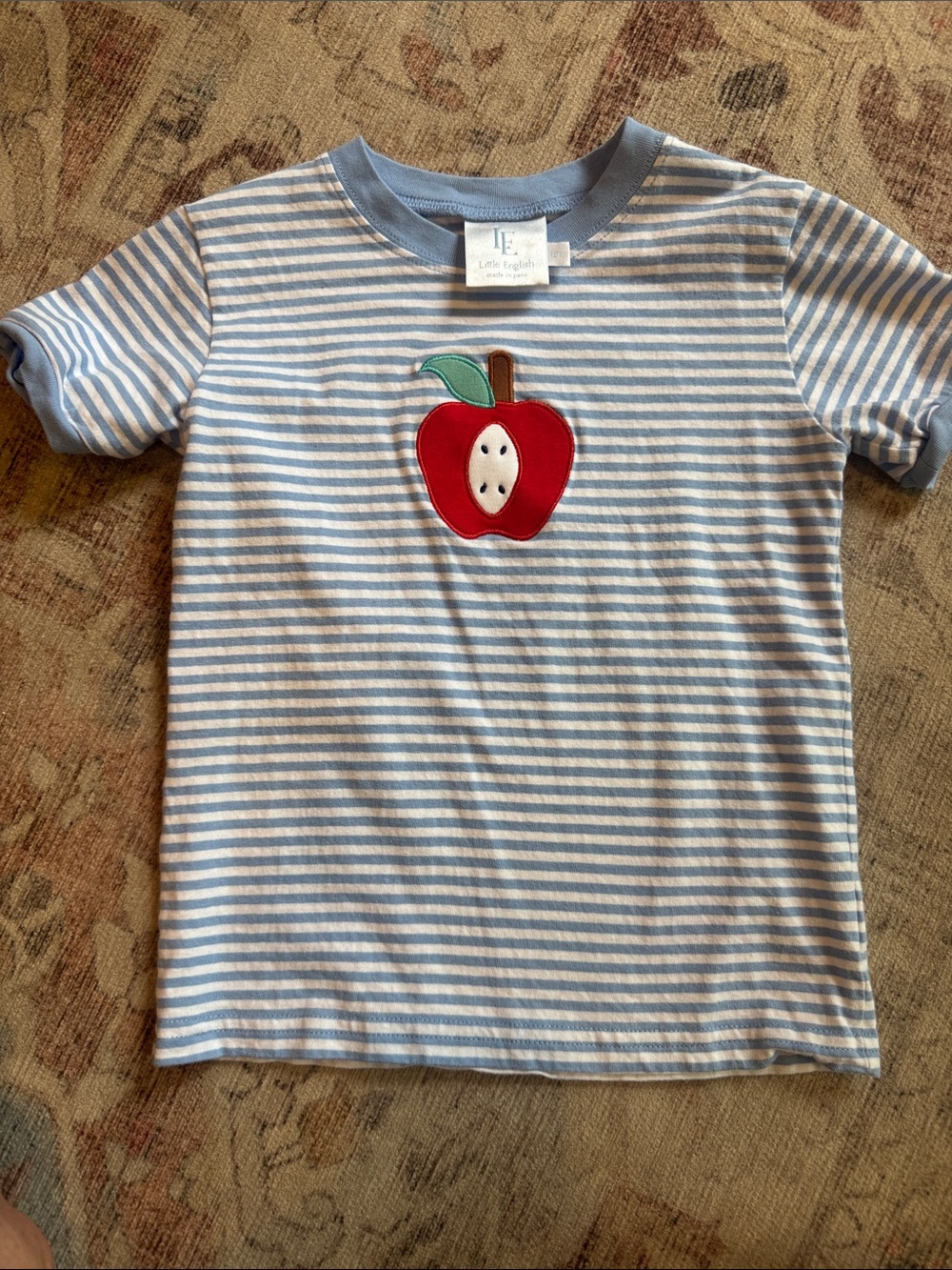 Little English Light Blue & White Striped Tee with Red Apple Applique